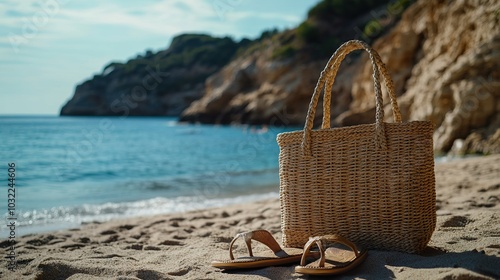 A woven beach bag and sandals lie on the sand near the ocean.