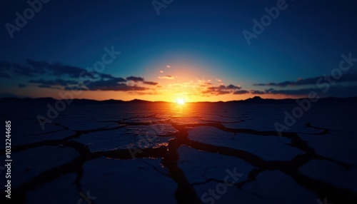 Stunning sunset over a cracked landscape, vibrant colors against the twilight sky. photo