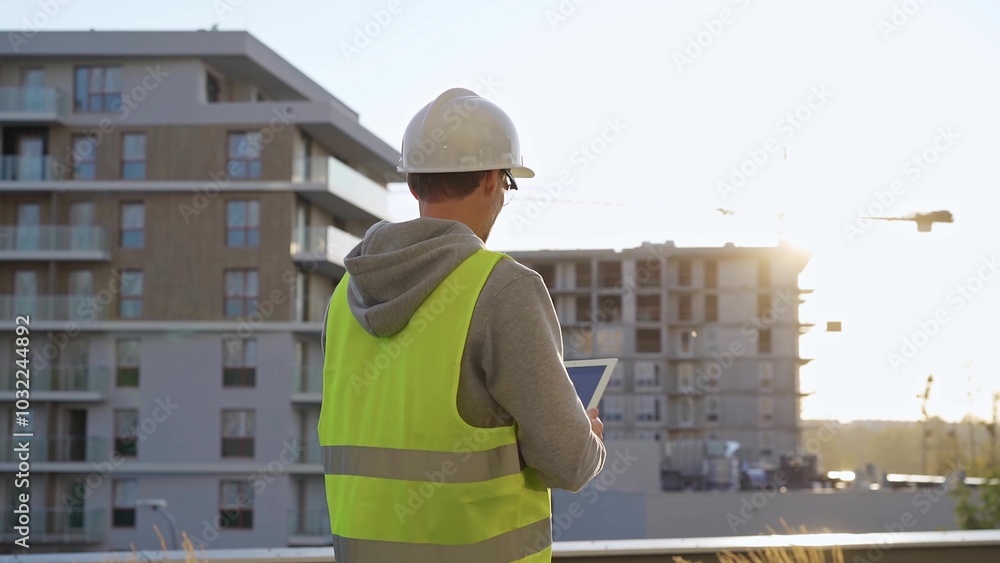 Man constructive engineer with white hard hat and safety vest is using a tablet computer while inspecting a construction site at sunset Man constructive engineer with white hard hat and safety vest is using a tablet computer while inspecting a construction site at sunset