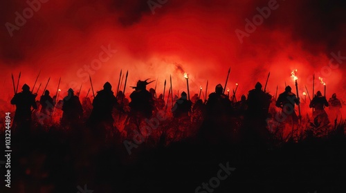 A large group of silhouetted warriors charge forward against a backdrop of fire and smoke. photo