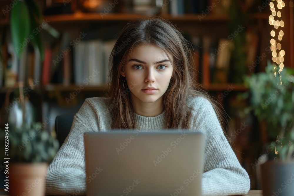 Serious female student using computer sitting at table, e-learning using online tasks preparing for test exams, distantly studying at home, Generative AI