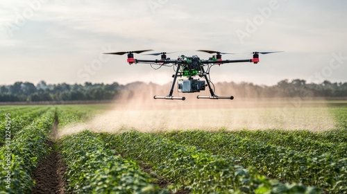 Drone spraying pesticide over a field with workers monitoring the process photo