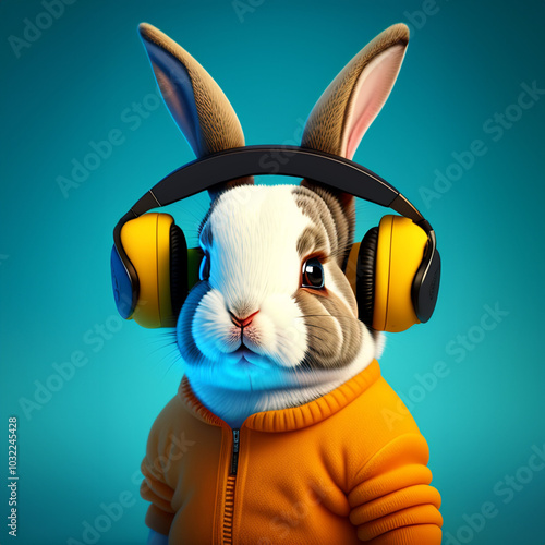 Cute bunny wearing headphones and an orange hoodie on a vibrant background