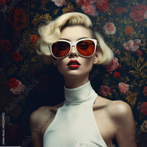 Glamorous woman with retro sunglasses and blonde hair against a floral background