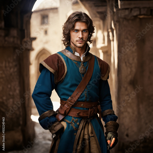 Handsome medieval prince in royal attire standing in a stone courtyard