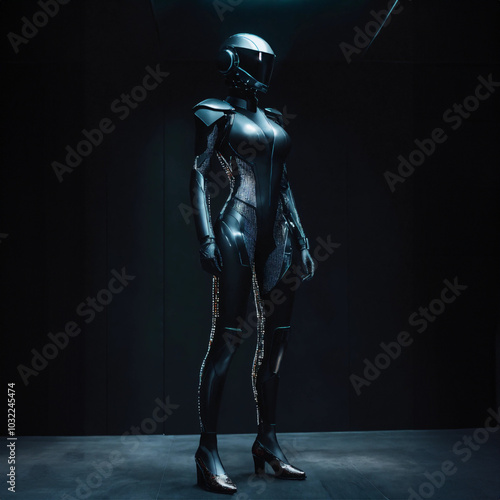 Futuristic woman in a sleek robotic suit with helmet standing in a dark room