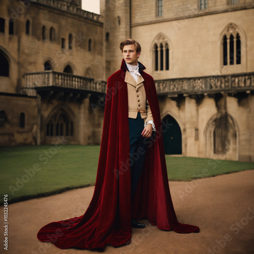 Young nobleman in a regal red cape standing in front of a grand castle