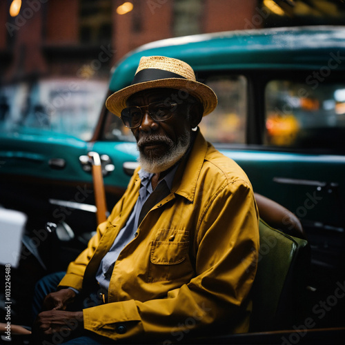 Elderly man with a straw hat sitting by a vintage car in an urban street