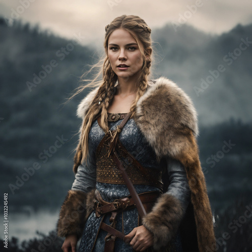 Female Viking warrior in traditional Norse clothing