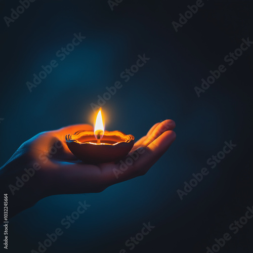 Photograph of a person holding a diya (lamp) on a dark blue background