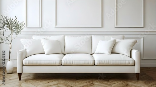 A cozy white leather sofa with pillows in a stylish living room, designed for comfort and relaxation, showcasing contemporary decor and furniture