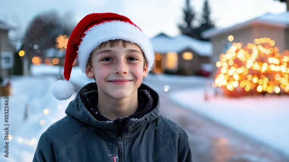 A joyful boy wearing a Santa hat smiles in a snowy neighborhood adorned with festive holiday lights during winter A joyful boy wearing a Santa hat smiles in a snowy neighborhood adorned with festive holiday lights during winter