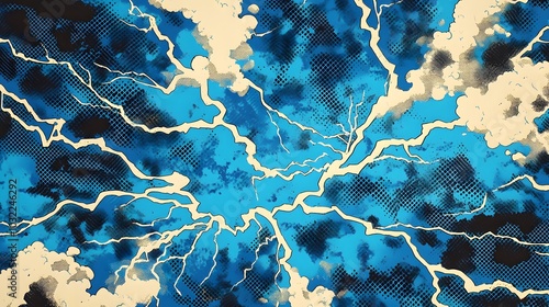 stream of blue lightning strikes, half vintage comic book pattern
