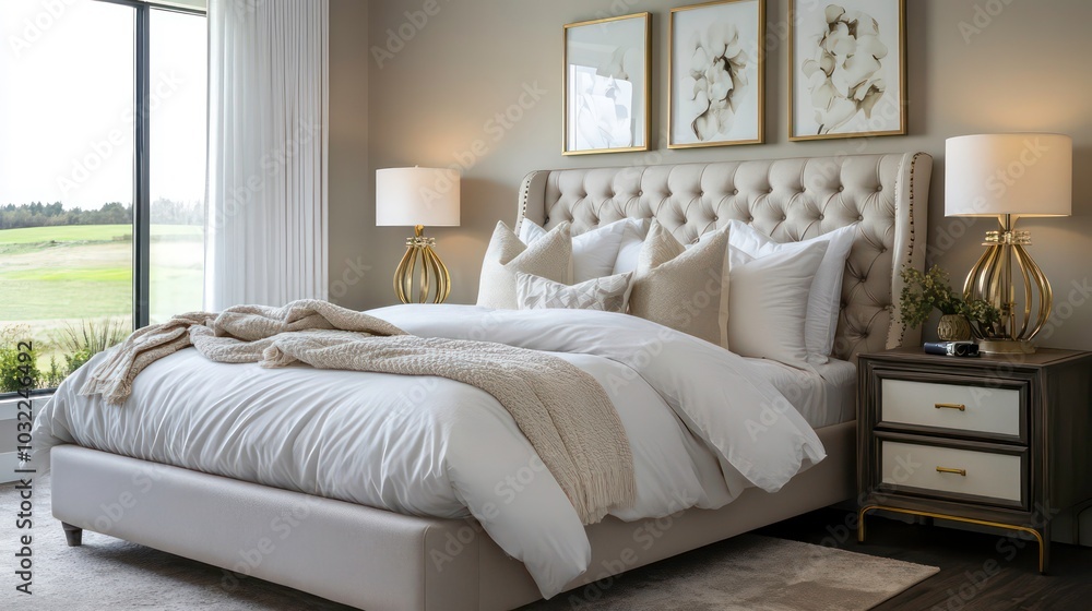 A luxurious bedroom with a tufted headboard, white bedding, and large windows overlooking a green field. The room is decorated in neutral tones with gold accents. A luxurious bedroom with a tufted headboard, white bedding, and large windows overlooking a green field. The room is decorated in neutral tones with gold accents.