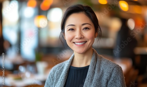 Portrait of Asian woman smiling in a restaurant, Generative AI