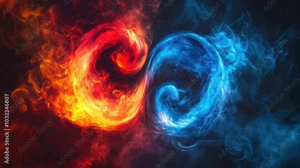 Intertwined Swirls of Red and Blue Smoke on Black Background Intertwined Swirls of Red and Blue Smoke on Black Background