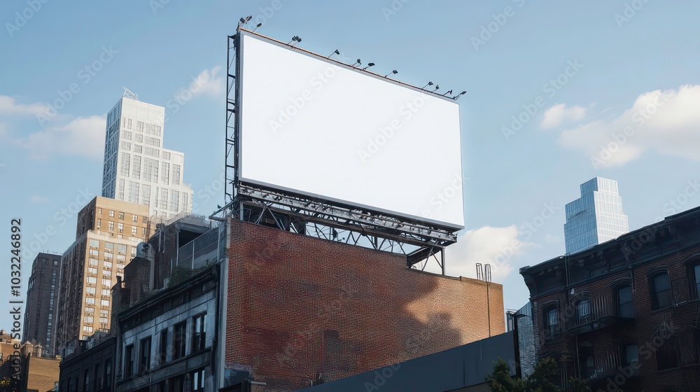 Blank billboard mockup in urban setting with city skyline in the background. Blank billboard mockup in urban setting with city skyline in the background.