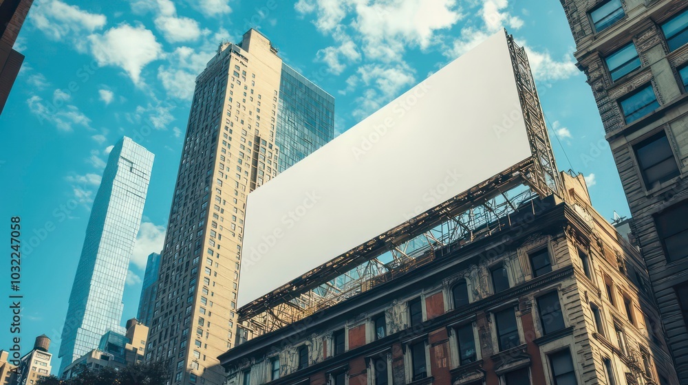 Naklejka premium A blank billboard on top of a building in a city with skyscrapers in the background.