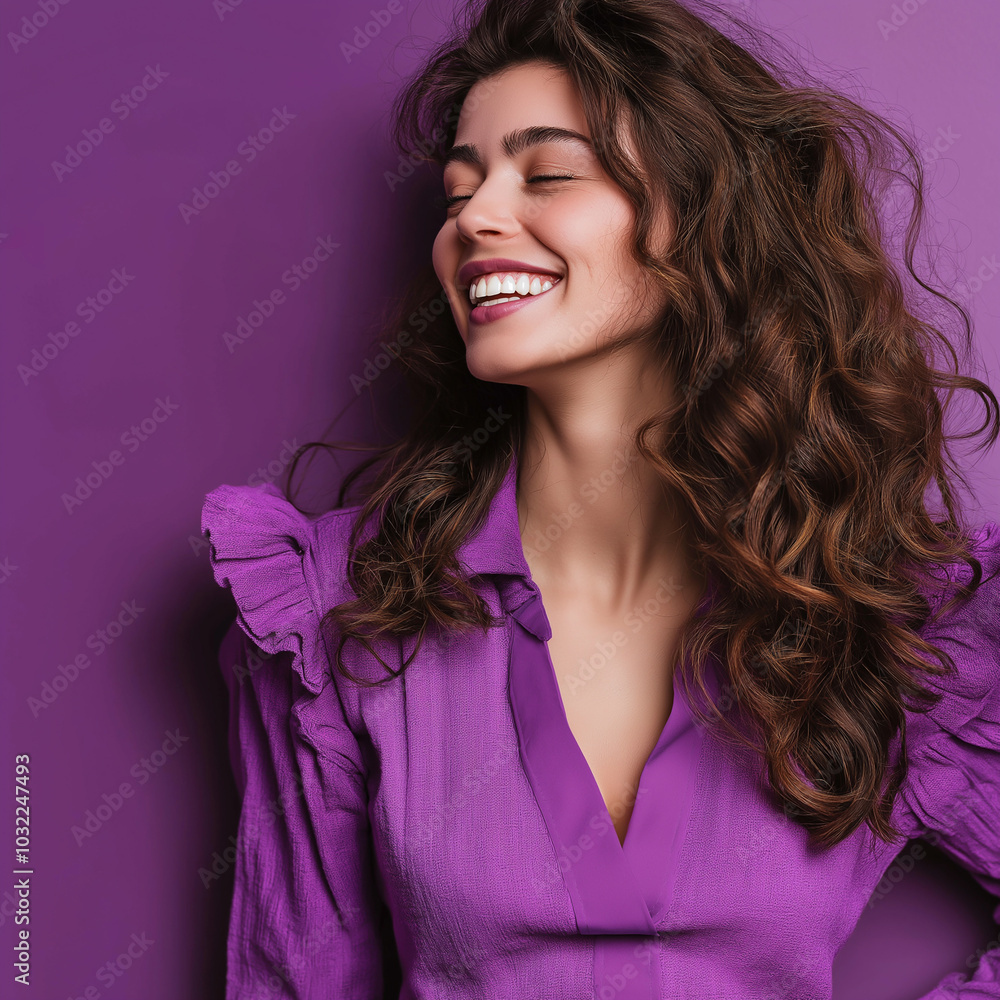 An empowered woman smiling confidently against a purple background An empowered woman smiling confidently against a purple background