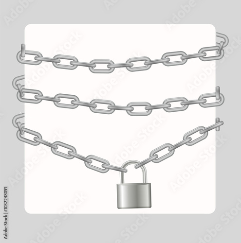 Padlock and chain. Gray metal chain and padlock, handcuffed card, vector