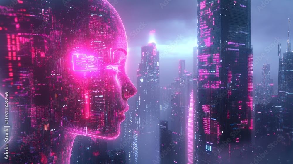Fototapeta premium Cyberpunk Cityscape with a Digital Head