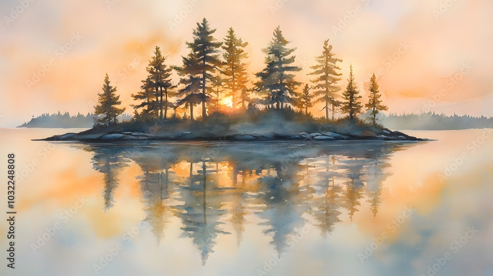 Fototapeta premium Watercolor painting with muted colors, depicting trees on an island in the middle of water, with a reflection and silhouette