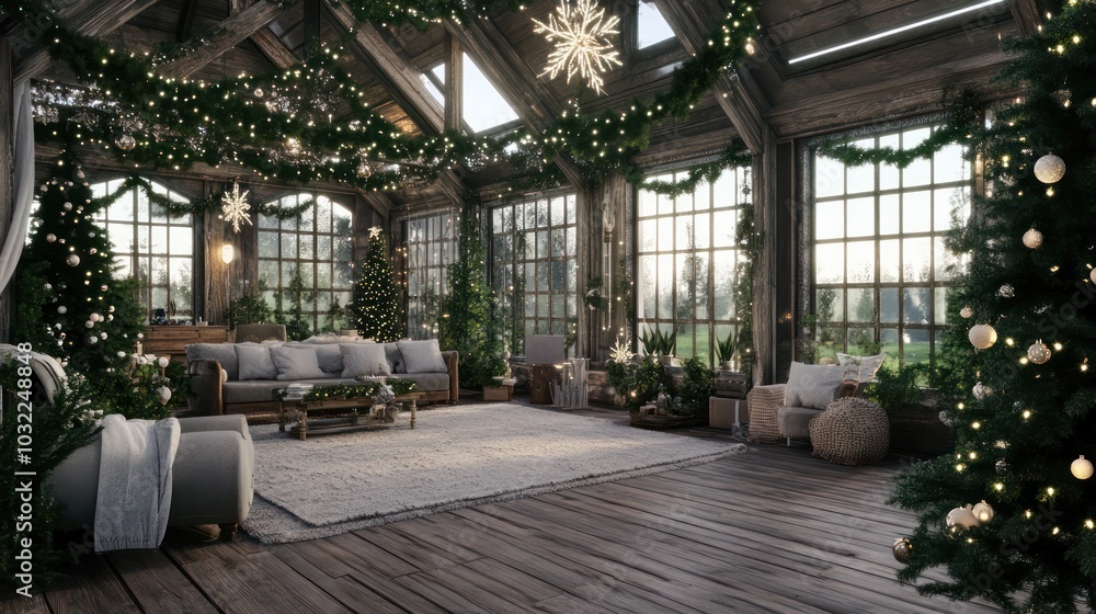 Industrial greenhouse transformed into a festive Christmas market with lush greenery and holiday decorations. Industrial greenhouse transformed into a festive Christmas market with lush greenery and holiday decorations.