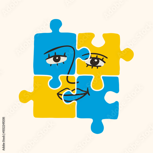Abstract human Face on puzzle pieces. Jigsaw puzzle game with face. Contemporary minimalistic elegant style. Hand drawn modern Vector illustration. Isolated design element