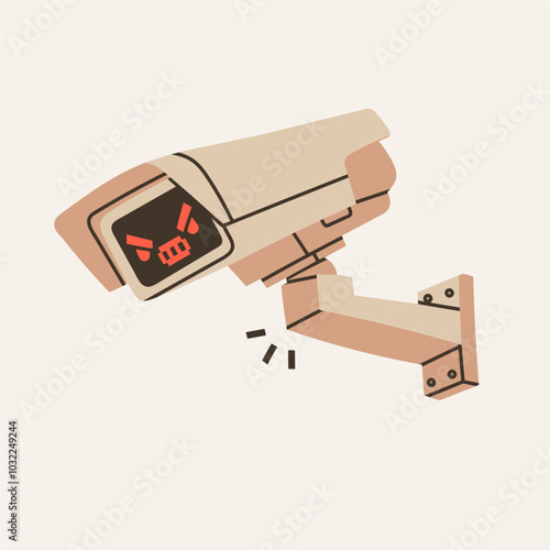 Outdoor Camera with face emotion. Hand drawn Vector illustration. Home security camera, CCTV, secure, safety, spy, monitoring, surveillance concept. Isolated design element