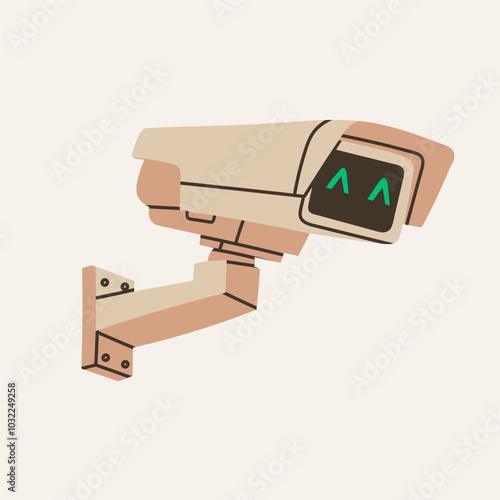 Outdoor Camera with face emotion. Hand drawn Vector illustration. Home security camera, CCTV, secure, safety, spy, monitoring, surveillance concept. Isolated design element