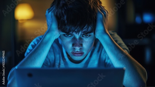 Internet online cyberspace bullying, sad and crying teenager, social media school worried emotion stressed angry upset young technology negative hate. photo