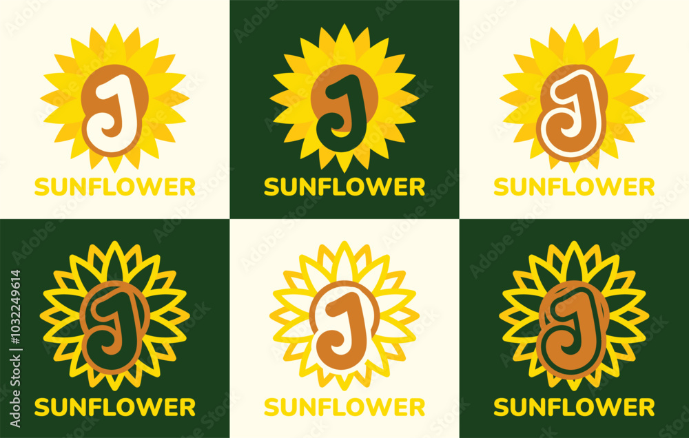 Fototapeta premium Set of letter J sunflower logo. This logo combines letters and sunflower shapes. Suitable for flower shops, flower farms, flower accessories shops and the like.