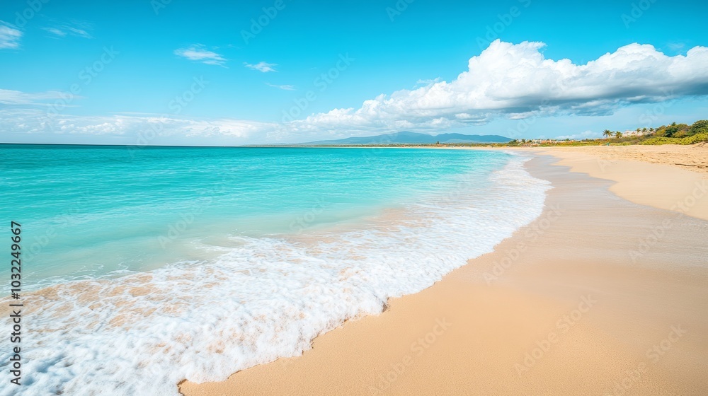 Turquoise Water and White Sand Beach on a Sunny Day. Clouds in the Sky over the Caribbean Sea Turquoise Water and White Sand Beach on a Sunny Day. Clouds in the Sky over the Caribbean Sea