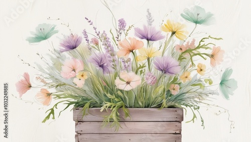 A wooden box filled with pastel-colored flowers, including lavender, pinks, yellows, and light greens.