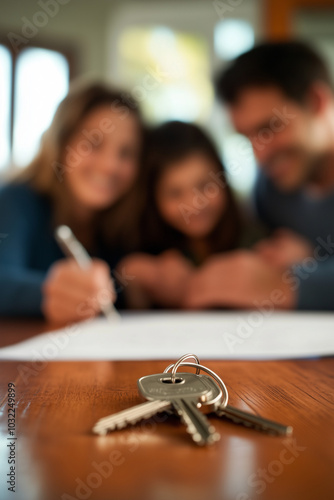 Keys on a Table with Family Signing Documents in Background