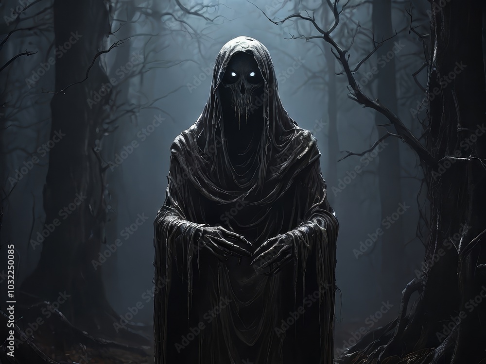 A haunting figure draped in tattered robes emerges from the shadows in a dark forest. Its glowing eyes pierce through the mist, creating an eerie atmosphere A haunting figure draped in tattered robes emerges from the shadows in a dark forest. Its glowing eyes pierce through the mist, creating an eerie atmosphere