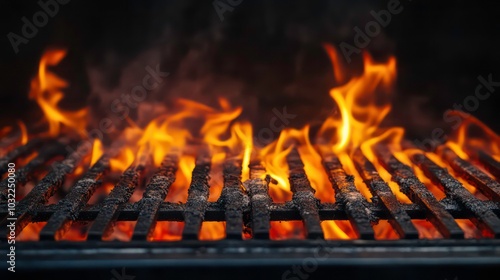 A close-up of a hot grill with flames burning through the grate.