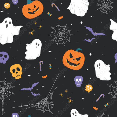 Seamless Halloween Pattern with Ghosts, Spiders, Cobwebs, Skulls on Black Background in Flat Style. Vector