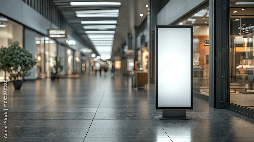 A flyer presenting a minimalist, ultra-thin digital billboard positioned in the central walkway of a shopping mall. The screen is bright and crisp, displaying sleek, high-resolution ads. The mall A flyer presenting a minimalist, ultra-thin digital billboard positioned in the central walkway of a shopping mall. The screen is bright and crisp, displaying sleek, high-resolution ads. The mall