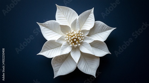 Frosty poinsettia bas-relief, white gesso on navy blue background, soft side lighting to enhance texture, macro lens, f/2.8, commercial product photography