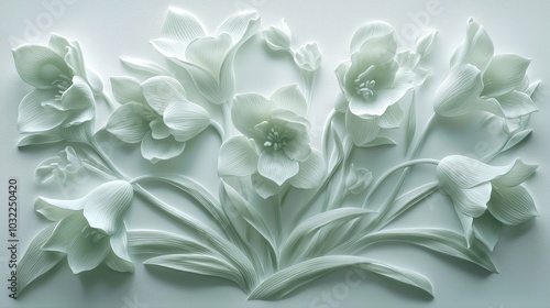 Delicate snowdrop bas-relief sculpture, pale green on white, overhead diffused lighting, slight angle view, shallow depth of field, minimalist composition, art gallery aesthetic