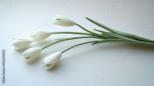 Delicate snowdrop bas-relief sculpture, pale green on white, overhead diffused lighting, slight angle view, shallow depth of field, minimalist composition, art gallery aesthetic