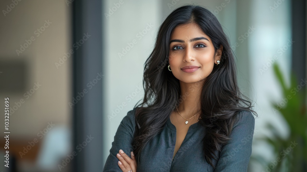 Portrait of a successful business leader indian woman Standing confidently with arms crossed and shows a happy face in the office lightly Portrait of a successful business leader indian woman Standing confidently with arms crossed and shows a happy face in the office lightly
