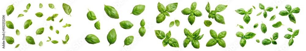 Fresh basil leaves isolated on a white, transparent background. Set, collection of different positions. Healthy eating, aromatic herb, food ingredient, spice for cooking. Fresh basil leaves isolated on a white, transparent background. Set, collection of different positions. Healthy eating, aromatic herb, food ingredient, spice for cooking.