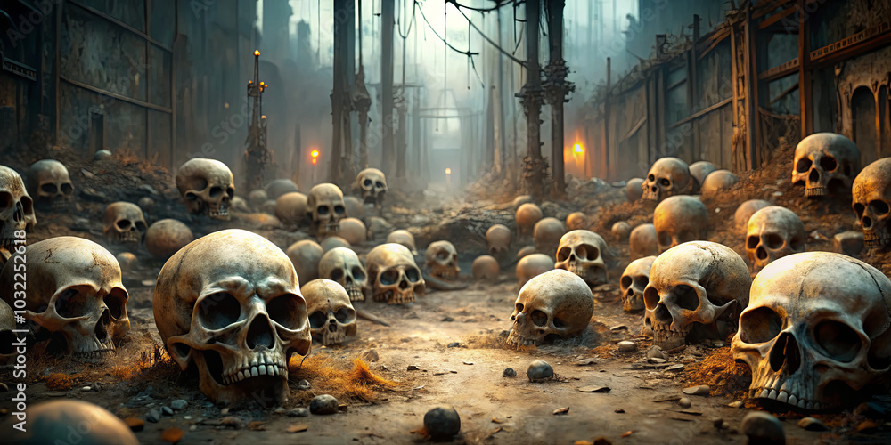 Skulls lie scattered on the ground in a dark, crumbling environment, with faint light casting eerie shadows. The atmosphere is ominous, evoking a sense of abandonment Skulls lie scattered on the ground in a dark, crumbling environment, with faint light casting eerie shadows. The atmosphere is ominous, evoking a sense of abandonment