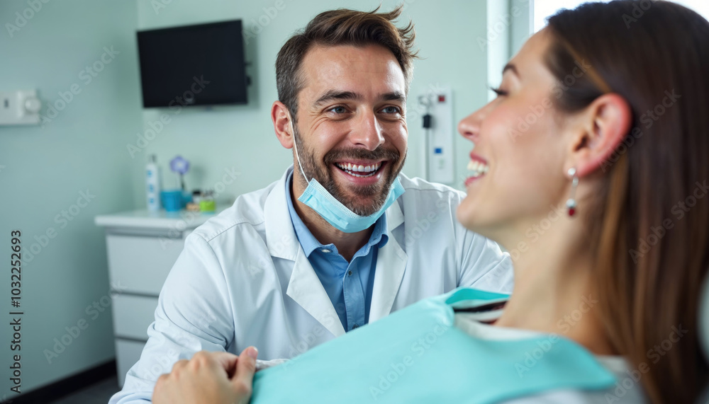 A dentist is smiling at a woman in a dental chair A dentist is smiling at a woman in a dental chair