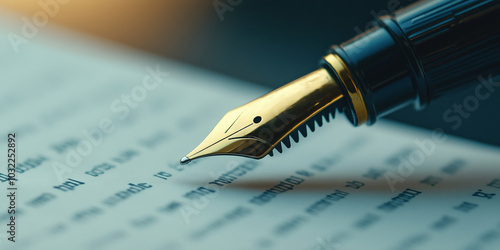 A detailed gold fountain pen in the process of writing cursive on a white paper sheet. photo