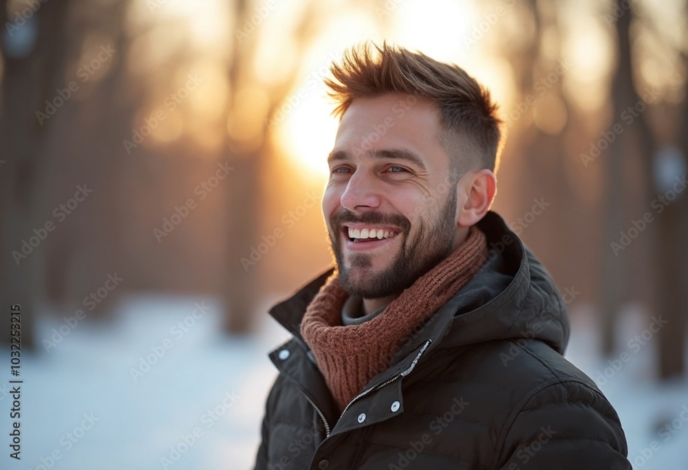 Portrait of Smiling man In Winter, warm backlight, copy space on a side Portrait of Smiling man In Winter, warm backlight, copy space on a side