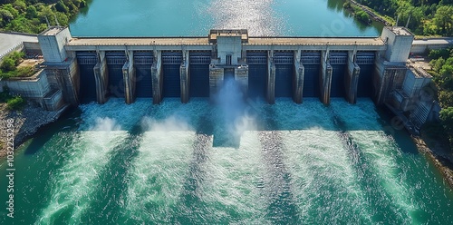 An aerial view of a dam releasing water, creating powerful whitewater rapids.