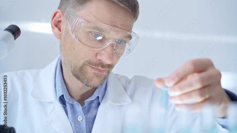 Scientist researcher with protective glasses examining lab tube Scientist researcher with protective glasses examining lab tube
